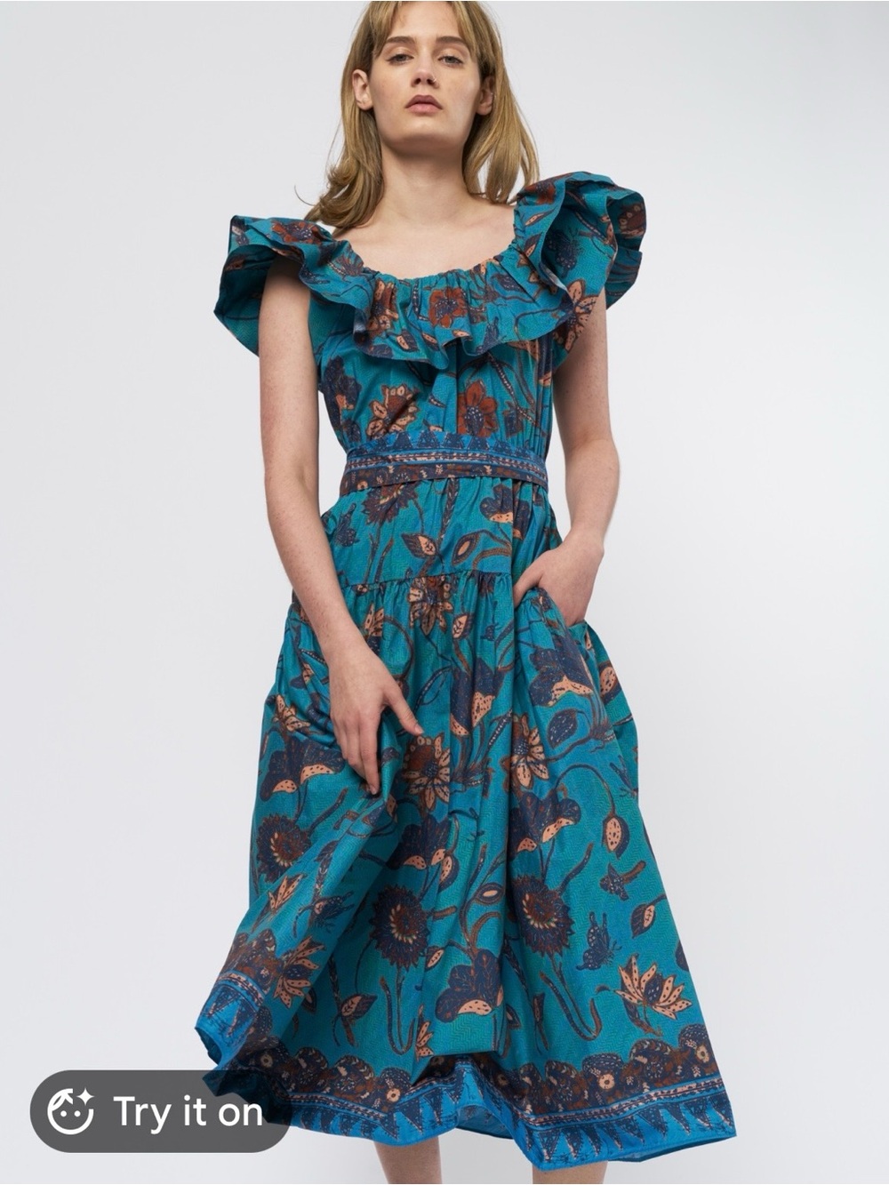 Ulla Johnson Amira Teal Floral Ruffle-Trim Midi Dress
